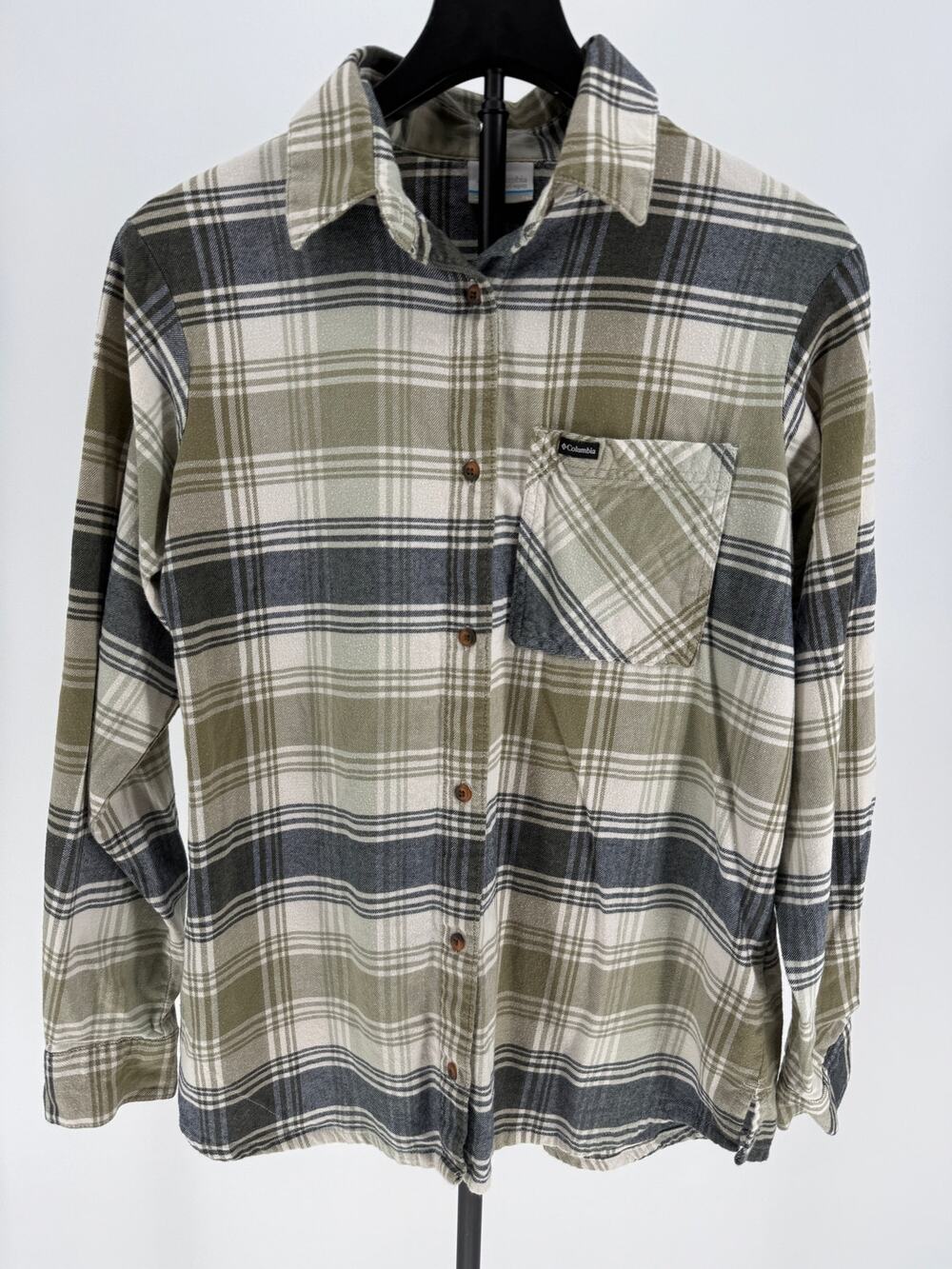 Columbia Calico Basin Flannel Shirt Womens XL Olive Plaid Cotton Stretch